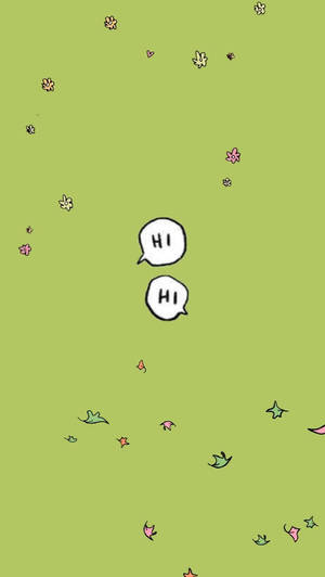 兩個對話框帶有「hi」字樣，漂浮在綠色背景上散落的花朵和葉子之間。