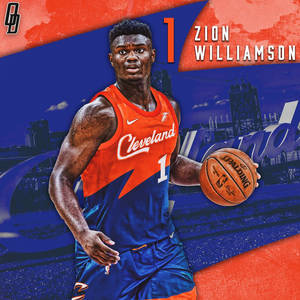 Zion Williamson 身穿克里夫蘭球衣，在城市圖形背景下手持籃球。