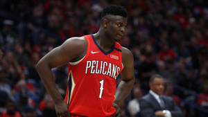 比賽中身穿紅色Pelicans球衣背號1的職業籃球運動員。