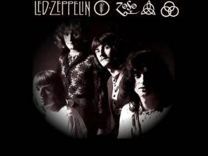 Led Zeppelin 樂隊黑白肖像，帶圓形燈光效果。