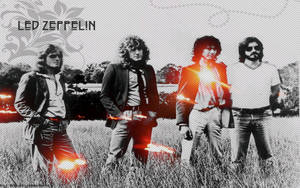 Led Zeppelin 樂隊在田野中，帶有紅色燈光效果和復古紋理。
