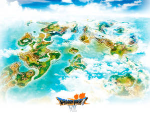 漂浮在雲層中的奇幻遊戲世界地圖，帶有Dragon Quest VII標誌。 — 遊戲 壁紙