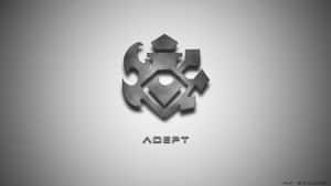 一個金屬幾何標誌，帶有眼睛設計，下方有ADEPT字樣。 — 灰色 GIF 壁紙