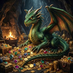 一隻綠色龍坐在一個黑暗洞穴中的一堆金幣和彩色寶石上，洞穴裡有火在燃燒。