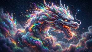 一隻色彩繽紛的龍，眼睛發光，在星空下穿過宇宙雲層噴火。