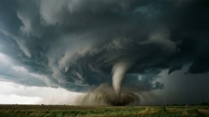 一個強大的龍捲風在黑暗暴風雨的天空下觸及草地。 — 天空 壁紙