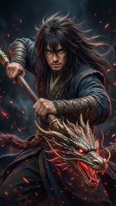 戰士在黑暗風暴場景中，於火花之間揮舞龍頭杖 — 梅里奧達斯 壁紙