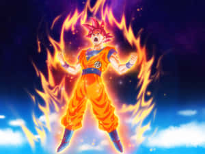 動漫角色悟空以超級賽亞人神形態在太空中被火焰包圍。