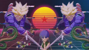 兩個動漫戰士在帶有紅色星星的夕陽下與巨龍戰鬥。