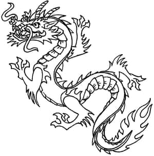 一幅風格化的黑色線條畫，描繪盤繞的中國龍，帶有火焰狀尾巴和爪子。 — Galaxy Z Flip7 FE 壁紙