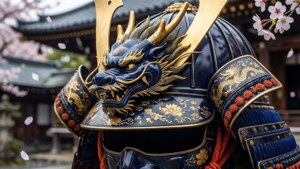櫻花下的藍金色武士盔甲，帶有龍紋圖案。