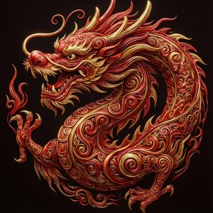 一條鮮豔的紅金色龍，帶有漩渦圖案和鋒利的爪子。