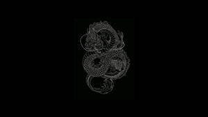 一幅風格化的白色線條畫，描繪了一條盤繞在黑色背景上的龍。 — 暗色 壁紙