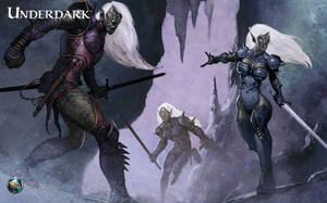 三名身穿暗色盔甲、白髮的卓爾戰士穿過迷霧籠罩的洞穴。