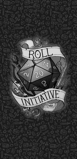 一個20面骰子，帶有roll initiative橫幅，周圍環繞著奇幻圖標。