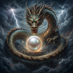 一條綠色和金色的龍在閃電交加的暴風雨天空下盤繞著一顆發光的珍珠。 — 中文 壁紙