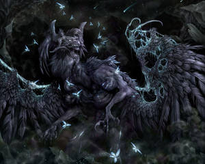 一個黑暗有翼惡魔，在星空虛空中被發光藍色昆蟲包圍。