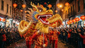 在擠滿人群的街道上，金龍舞伴隨著紅燈籠和飄落的五彩紙屑。 — 中文 壁紙