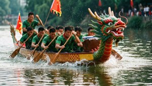 身穿綠色制服的划手團隊在水上進行龍舟比賽。 — 中文 壁紙