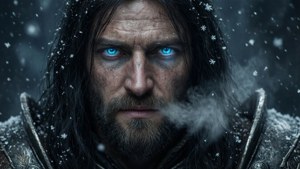 一位留鬍子的戰士，擁有發光的藍色眼睛，在雪景中呼出蒸汽。