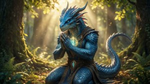 藍色巨龍在陽光明媚的森林中冥想，胸前有發光的符號。