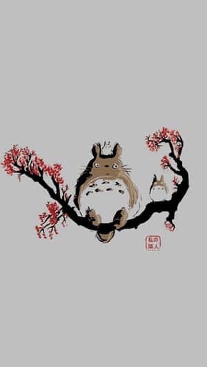 兩個龍貓角色坐在櫻花枝上，帶有紅色印章。
