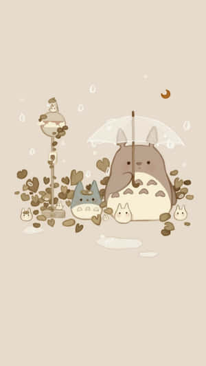 龍貓和朋友們在傘下，溫柔的雨中，有心形和月亮