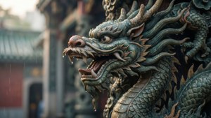 香港寺廟大門上傳統龍紋圖案的細緻微距拍攝，捕捉精巧工藝與晨露。