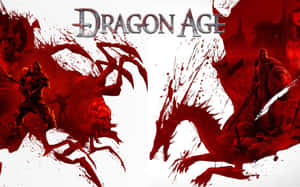 Dragon Age 遊戲藝術作品，以紅白潑濺設計呈現戰士與巨龍。 — 龍騰世紀：審判 壁紙