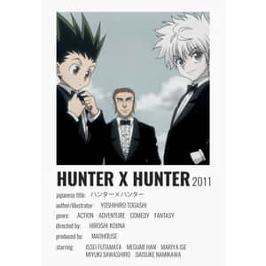 三個身穿燕尾服的動漫男孩，下方有 Hunter x Hunter 製作人員名單。