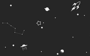 白色太空圖標，包括星星、行星、火箭和UFO，深色背景