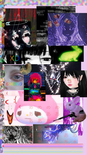 數位拼貼畫，包含動漫面孔、故障效果和超現實霓虹元素。