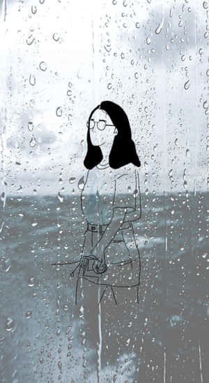 戴眼鏡的女性透過濺滿雨水的窗戶望向灰色海洋。