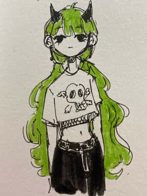 動漫女孩，綠色頭髮和角，穿著骷髏T恤和黑色褲子。