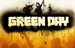 Green Day 樂隊成員與群眾剪影和滴落文字一起表演。