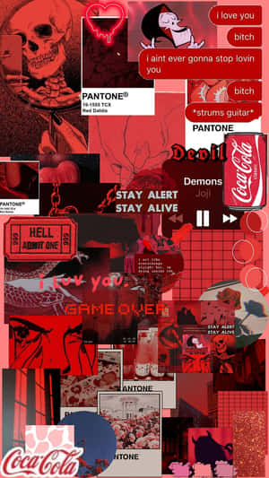 紅色拼貼畫，包含骷髏頭、可口可樂標誌和短語，如 i love you 和 stay alert stay alive — 美學拼貼 壁紙