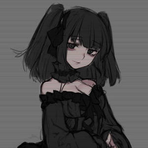 動漫女孩，黑髮黑裙，背景帶故障效果。