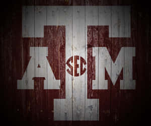 Texas A&M SEC 標誌繪於風化木牆上。