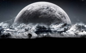 一棵孤樹的剪影，襯托著夜間穿過暴風雲升起的巨大月亮。