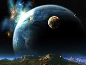 外星山脈仰望深空中一顆發光的藍色行星和充滿活力的星雲。 — 行星 壁紙